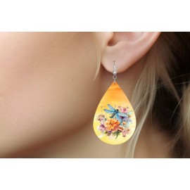 Twisted R Design Wildflower Dragonfly Print Wood Dangle Teardrop Print Earrings Jewelry