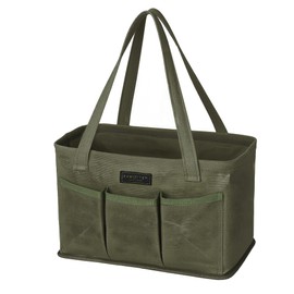 Tool Bag with Metal Frame, Waxed Canvas Wide Open Top Tool Tote Bag with 7 External Pockets, 13.5 x 7.8 x 7.8 Inches (ArmyGreen)