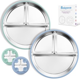Bakpoco Stainless Steel Toddler Plate with Suction, 9” Divided Plates with Removable Silicone Sleeves for Kids, Non Toxic & BPA Free | Non Slip | Unbreakable Baby Snack Dishes Set of 2, Blue & Sage
