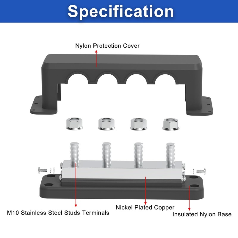 600A Bus Bar 12V Power Distribution Block with 3/8" (M10)