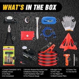 Nilight Car Emergency Kit with Jumper Cable, Tire Repair Tools Safety Assistance for Travel Camping Outdoor Cars Truck SUV RV, Roadside Essentials with Air Compressor
