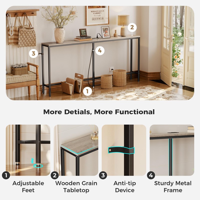 SUPERJARE 70 Inch Console Table with Outlet, Narrow Entryway Table
