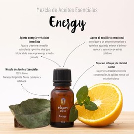 OLEUM VITAE Mezcla de Aceites Esenciales ENERGY 100% Puros – Naranja, Bergamota, Menta, Eucalipto y Albahaca – Aroma Cítrico Herbal Revitalizante15ml