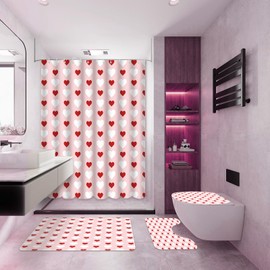 MEHOFOND 4pcs Valentines Shower Curtain Set Pink and Red Little Heart Shower Curtain Sets for Valentine's Day Bathroom Decor Sweetheart Shower Curtains with Non-Slip Rugs Toilet Lid Cover and Bath Mat