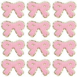 CABODYALS 12Pcs Pink Bow Knot Patches Iron On Applique Polyester Embroidered Lace Trim Gold Sparkling Edgings Sticker Cute Bows Patch for Sewing Making Clothing Decor Wedding Diy Craft Supply