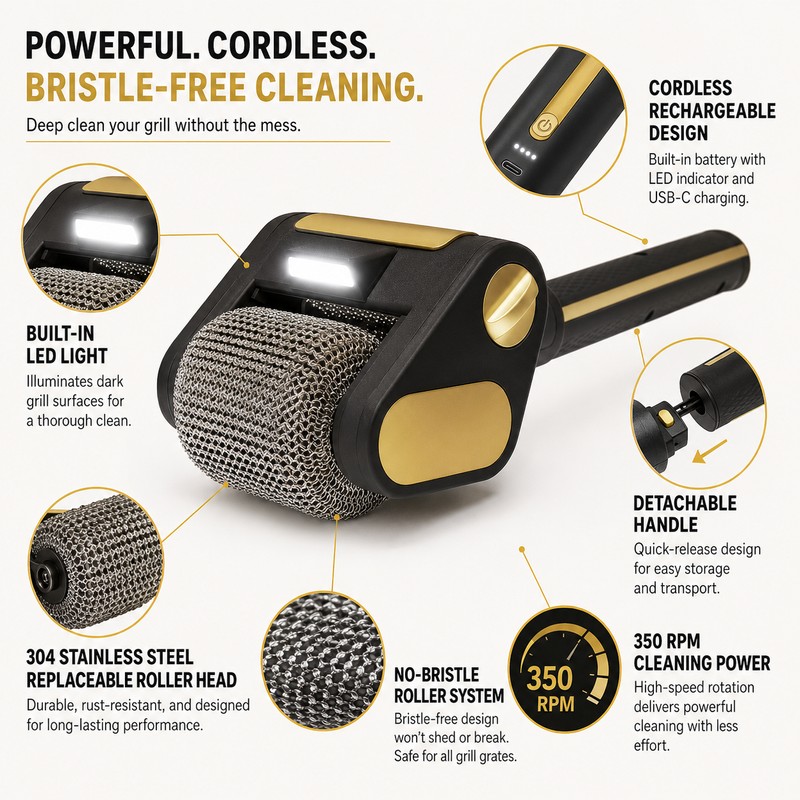 Rechargeable Electric Grill Brush for BBQ Cleaning – Bristle-Free Stainless
