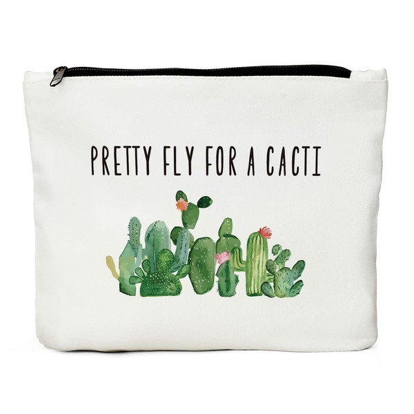 JIUWEIHU Canvas Gifts, Cactus, Christmas Cactus, Succulent Plant Cactus Gifts for Women Girls Her Sister Friends BFF Besties-Pretty Fly for Cacti- Canvas Makeup Bag
