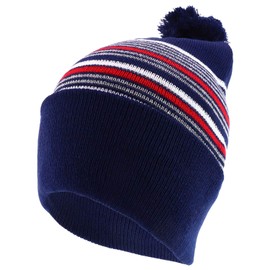 Trendy Apparel Shop Multi Color Striped Pom Pom Winter Beanie Hat - Navy Red