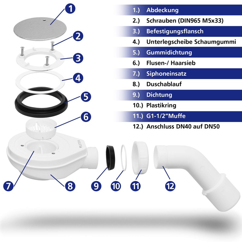 VILSTEIN Shower Tray Siphon, 90 mm Shower Drain with Odour