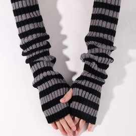 International Hot Stripe Knit Arm Warmers If Arm Warmer 50cm Medium Fingerless Gloves Dark Gray + Free Size (50cm) 10ea