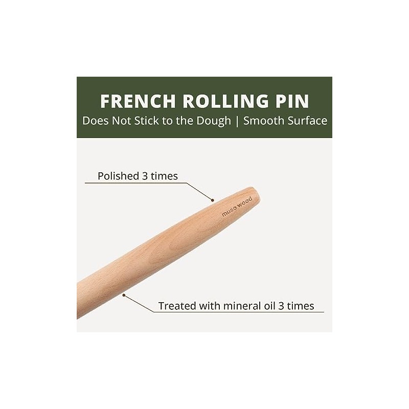 Muso Wood Wooden French Rolling Pin For Baking, Beech Wood