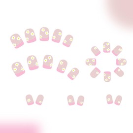 Pink French Press on Nails Short Acrylic Nails White Flowers Fake Nails Square Nude Nails Press ons Cute Translucent Spring Artificial False Nails for Women 24 Pcs