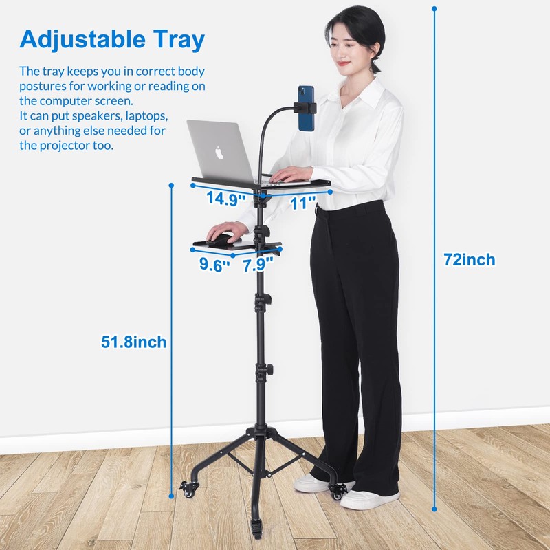 Tossbiss Laptop Tripod on Wheels with 2 Shelves, Portable Projector