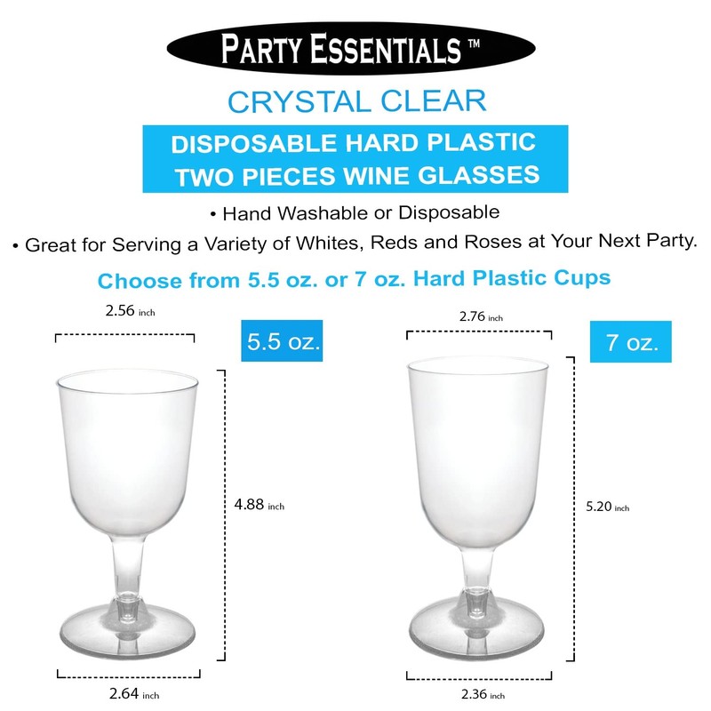 Party Essentials Disposable 2-Piece Plastic Wine Glasses/Stemmed Cups, For Drinks,