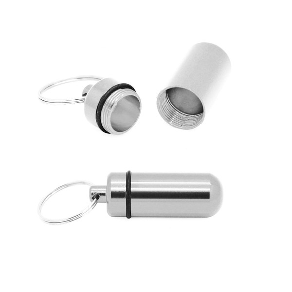 Grenhaven Keychain Mini Pill Box/Cash Stash - Small Aluminium Waterproof Tablet Capsule Container - Set of 2 Silver