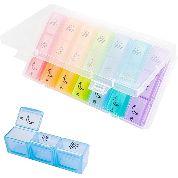 Sukuos Pill Case, Medicine Case, 3 Times a Day for a Week, Supplement Case, Divided into Morning, Noon, and Evening, Forget to Drink Prevention, Compact, Easy to Carry, Japanese Printed in Japanese - White