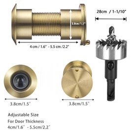 TOGU 3828 Brass Extra Larger peep Holes for Door with 1-1/10“ Drill Bit, 220-degree Door viewer Peephole with Privacy Cover, Fitting Door Thick from 1-3/5" to 2-1/5", Brushed Gold Finish