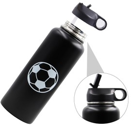 FMYWZS 40 oz Soccer Water Bottle, Wide Mouth Travel Sports Flask with 2 Lids（Straw Lid+Flex Cap）BPA Free 18/8 Stainless Steel Double Wall Vacuum Insulated Water Bottles (40oz, Soccer)