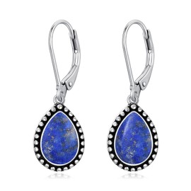 Lapis Lazuli Earrings 925 Sterling Silver Boho Hypoallergenic Retro Oxidized Teardrop Dangle Drop Leverback Earrings for Women