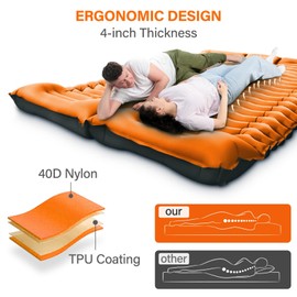 Yuzonc Double Camping Sleeping Pad, Self-Inflating 4" Ultra-Thick Foot-Press Design – Lightweight 2-Person Outdoor Mat with Pillow for Camping, Hiking, Backpacking, Travel – Orange