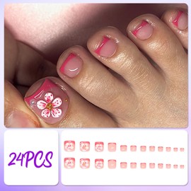 Pack of 24 Stick On Toenails, Square Short Nude Pink Artificial Toenails, Lily Pearl Design Toenails for Gluing, Summer Beach False Toenails, Acrylic Full Cover Toe Nails for Women