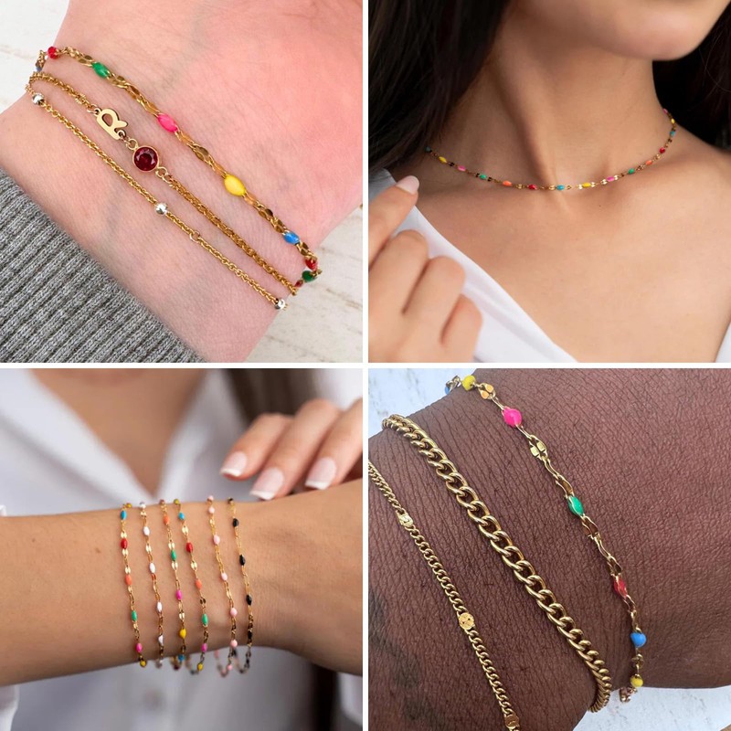 16.5FT 18K Gold PVD Plated Colorful Enamel Chain Roll, 2MM
