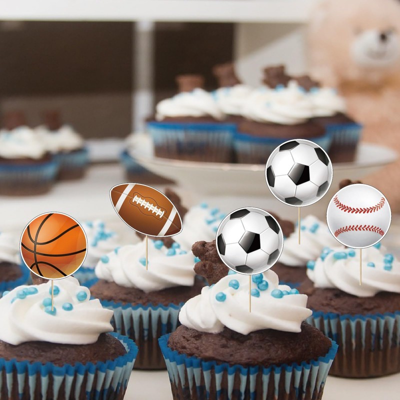 Pack of 36 Sports Cupcake Toppers - Basketballs, Footballs, Baseballs,