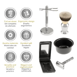 Mamba Shave Set de Rasurado 6 en 1. Set de Afeitado con Rastrillo Vintage de Acero Inoxidable, 5 Navajas de Afeitar, Brocha para Espumar, Soporte y Tazón para Espuma. 6 in 1 Premium Shaving Kit. (Plata)
