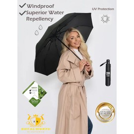 Windproof Compact Umbrella , Fast Drying, Sturdy [8 Ribs] Waterproof Reinforced Frame, Auto Open and Close, Non-slip Handle, Golf, Pocket, Travel Umbrella, For Men & Women, UV Protection (Black)
