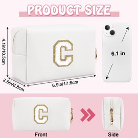 Biileen - Bolsa de maquillaje con inicial personalizada, pequeña y bonita bolsa de felpilla de viaje, Blanco-2, C