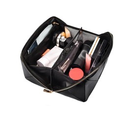 Groß Kosmetiktasche Schminktasche wasserdichte PU-Leder Reise Make-up-Tasche mit Große Weit Offener Tasche für Damen Frauen (Schwarz-2025)
