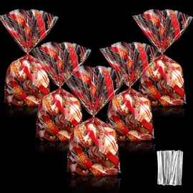 Outus 100 Pcs Christmas Favor Bags Snowflake Pattern Treat Bags Flat Cellophane Plastic Party Bags for Bakery, Popcorn, Cookies, Candies and Dessert with 100 Pieces Twist Ties (Red Gold White)