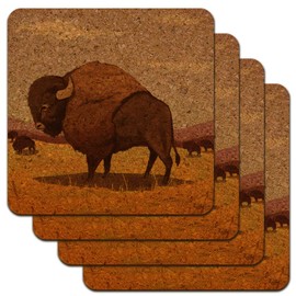 American Bison Buffalo Herd on the Plains Low Profile Novelty Cork Coaster Set
