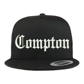 Trendy Apparel Shop Old English Font Compton City Embroidered 5 Panel Mesh Cap - Black