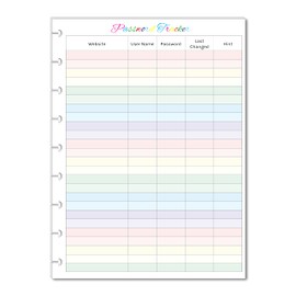 Color Password Tracker for 9-Disc Planners, Password Log, Pre-punched Planner Inserts, Password List
