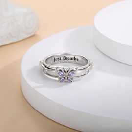 Butterfly Spinner Just Breathe Rings for Women 925 Sterling Silver Anxiety Fidget Ring Jewelry Gifts (Purple, 7)