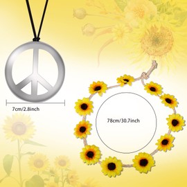 3 Pieces Hippie Accessories Set Peace Sign Chain Sunflowers Headband Round Decorative Sunglasses Silver Peace Sign Pendant Retro Fancy Dress for 60s 70s 80s Costume Accessories Party Women Men