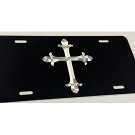 Silver Engraved 3D Christian Cross Car Tag Diamond Etched Vanity License Plate