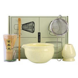 Traditional Matcha Tea Ceremony Set, 5 Piece Kit with Bamboo Whisk, Ceramic Bowl, Holder, Spoon and Strainer, Light Green