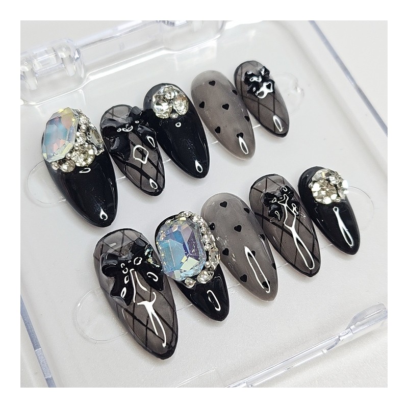 Black see-through handmade nail tips - short square / 블랙