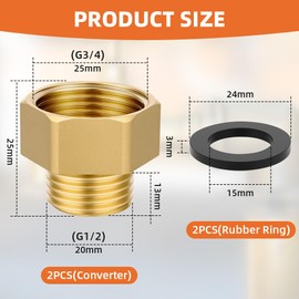 Flintronic 2 Stück Reduzierung 1/2 Zoll auf 3/4 Zoll, mit 1/2'' Außengewinde x 3/4'' Innengewinde Messing Zubehör, AG/IG Reduzierstück, mit 2 Gummidichtung, für die Umwandlung von Rohrverbindungen