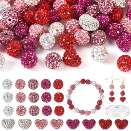 Beadthoven 58pcs Valentine’s Day Beads Set, 10mm Rhinestone Clay Beads Red Pink White Heart Beads Sparkly Diamond Clay Beads with Elastic String for Bracelet Necklace DIY Jewelry Making