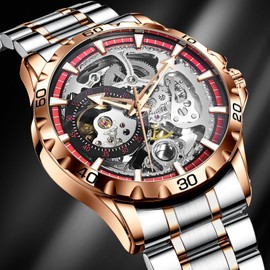 GLENAW Men's Flywheel Automatic Watch Men's Skeleton Watch Men's Waterproof Watch Steel Band Skeleton Self-Winding Mechanical Watch (8859-GOLD RED)