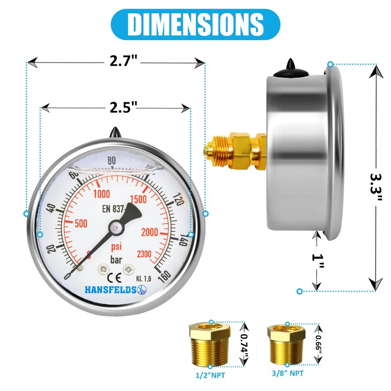 Hansfelds 0-160bar Pressure Gauge Liquid Filled 1/4'' BSP Back Mount