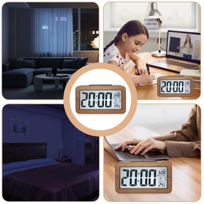 Wooden Digital Alarm Clock with Large LCD Display, Small Table