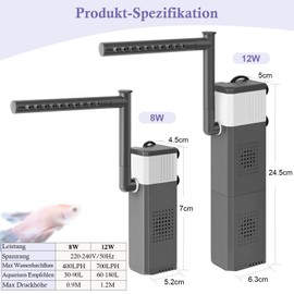 VILLNO 8W 12W Powerful Aquarium Filter for 30-180L Aquariums, Quiet 3-in-1 Aquarium Filter, 400LPH 700LPH Adjustable Aquarium Internal Filter for Turtle/Shrimp/Breeding Tanks