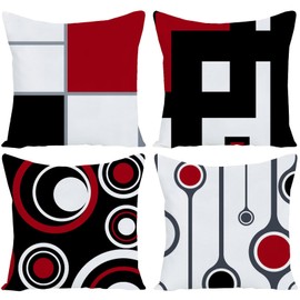 EZVING Set of 4 White Black Red Modern Abstract Geometric Throw Pillow Covers 18x18 Inches Decorative Cushion Pillow Cases Square Pillocases for Bed Sofa
