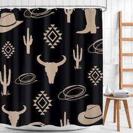 Mitpok Western Shower Curtain Aztec Black Boho Cow Skull Bohemian Bull West Farmhouse Retro Cactus Southwestern Vintage Wrangler 60Wx72H Bathroom Decor Bath Curtain Fabric Polyester 12 Pack Hooks