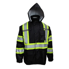 (Set of 2) Troy Safety RW-CLA3-TBK66 Class 3 Rain Suit, Jacket, Pants with High Visibility Reflective Cross Patern Tape, Black - S