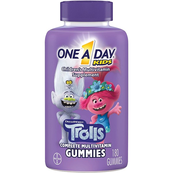 ONE A DAY Kids Trolls Multivitamin Gummy Vitamins A, B6, B12, C, D, and E, Zinc, Folic Acid and Biotin (Packaging May Vary), Trolls, 180 Count